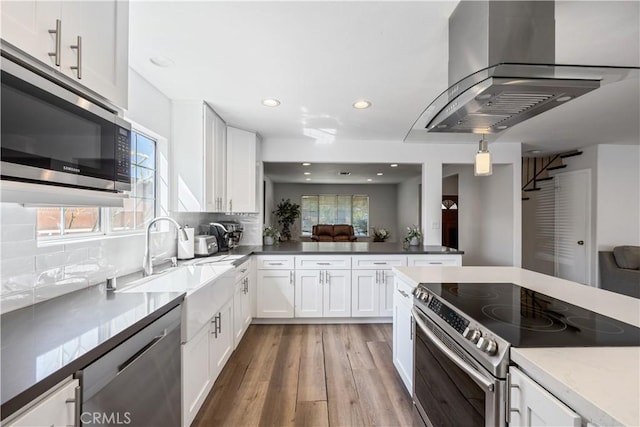 kitchen featuring stainless steel appliances, a wealth of natural light, a sink, and wall chimney exhaust hood