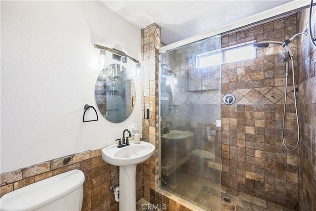 full bathroom with a sink, a shower stall, and toilet