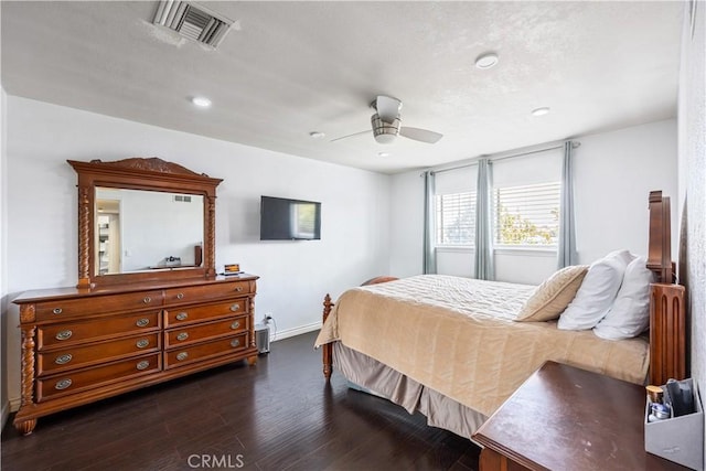 bedroom featuring recessed lighting, visible vents, a ceiling fan, wood finished floors, and baseboards