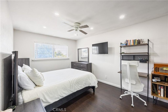 bedroom with ceiling fan, baseboards, dark wood-style flooring, and recessed lighting