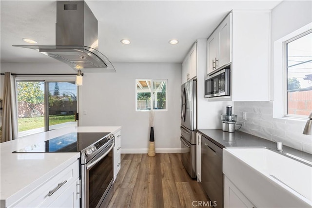 kitchen featuring a sink, stainless steel appliances, island exhaust hood, and a wealth of natural light