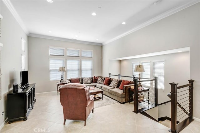 living room featuring ornamental molding, recessed lighting, baseboards, and light tile patterned floors