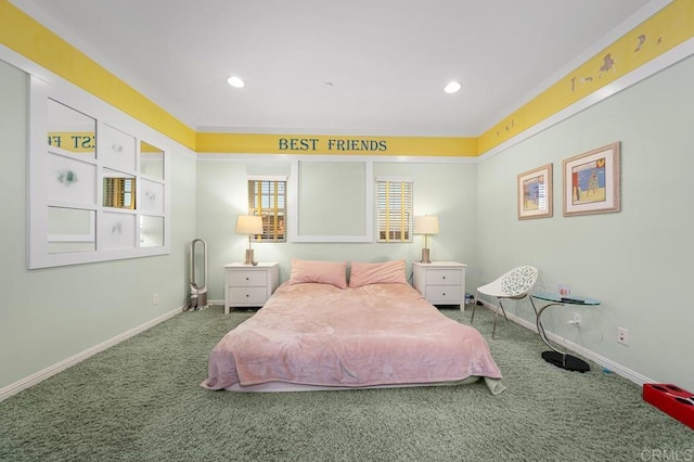 bedroom featuring baseboards, carpet flooring, and recessed lighting