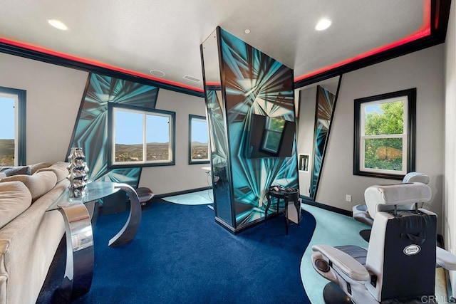 exercise room featuring carpet, baseboards, and recessed lighting