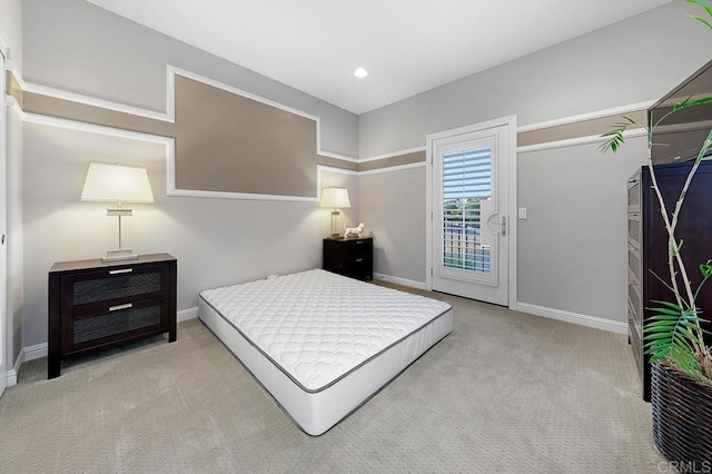 bedroom with access to outside, light carpet, baseboards, and recessed lighting