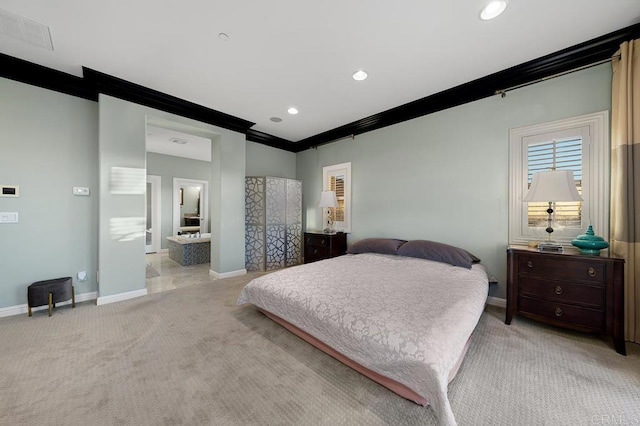 bedroom with visible vents, baseboards, light colored carpet, ornamental molding, and recessed lighting