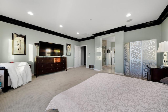 bedroom featuring light carpet, baseboards, crown molding, and recessed lighting