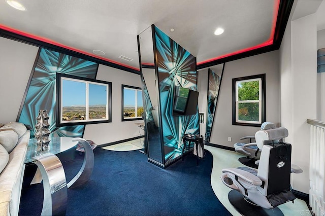 workout area with carpet floors, recessed lighting, visible vents, and baseboards