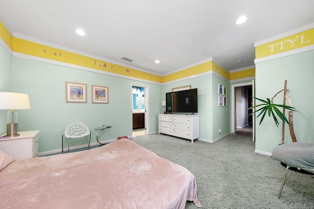 bedroom with recessed lighting, light colored carpet, visible vents, baseboards, and crown molding