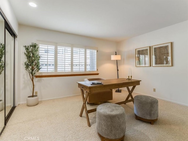 carpeted office featuring recessed lighting and baseboards