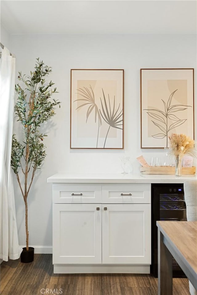 details featuring wine cooler, baseboards, and wood finished floors