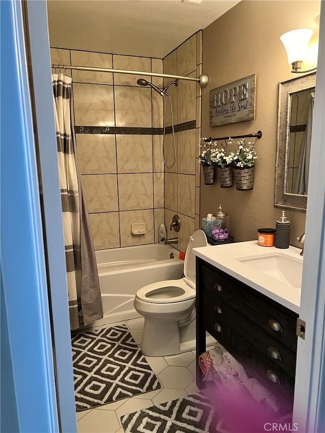 full bathroom with shower / bath combo, tile patterned flooring, vanity, and toilet