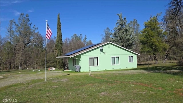 view of side of property featuring crawl space, a lawn, stucco siding, and roof mounted solar panels