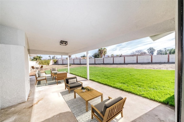 view of patio with a fenced backyard and an outdoor hangout area