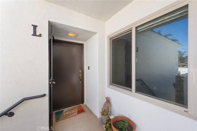 doorway to property featuring stucco siding