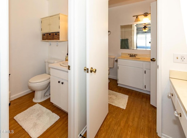 bathroom with a sink, wood finished floors, and two vanities