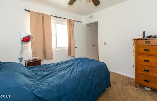 bedroom featuring baseboards, visible vents, ceiling fan, and carpet flooring