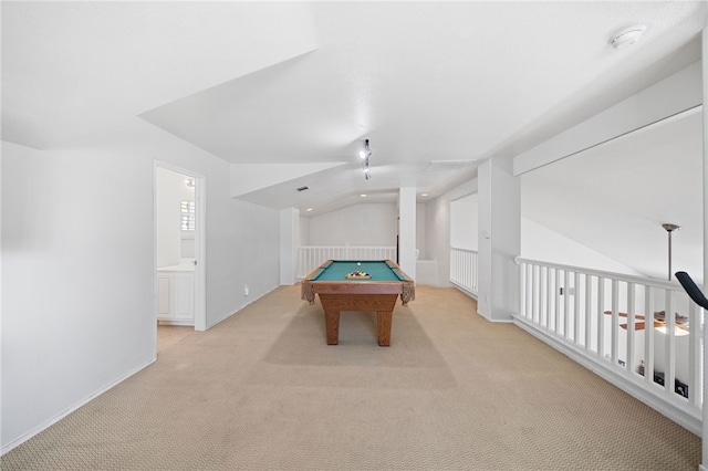 playroom with light carpet, billiards, baseboards, and vaulted ceiling