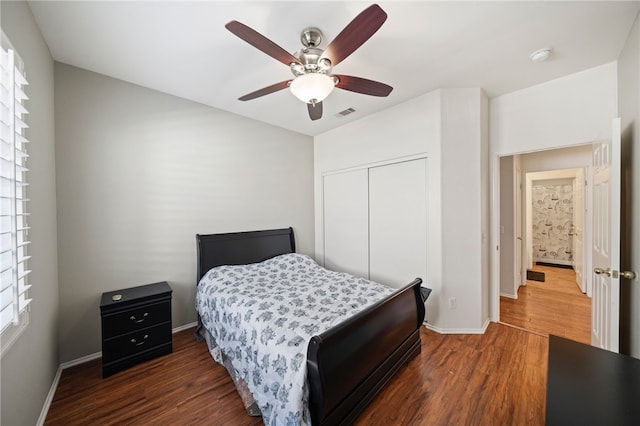 bedroom with multiple windows, a closet, and dark wood finished floors