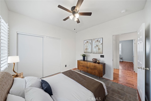 bedroom featuring multiple windows, dark wood-style flooring, a closet, and a ceiling fan