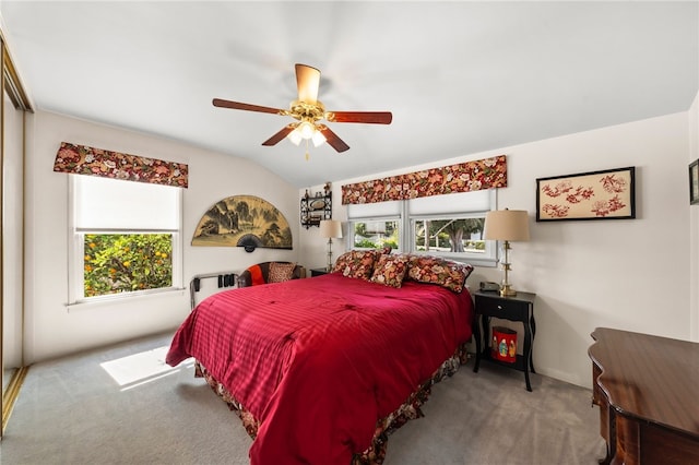 carpeted bedroom featuring lofted ceiling, ceiling fan, and multiple windows