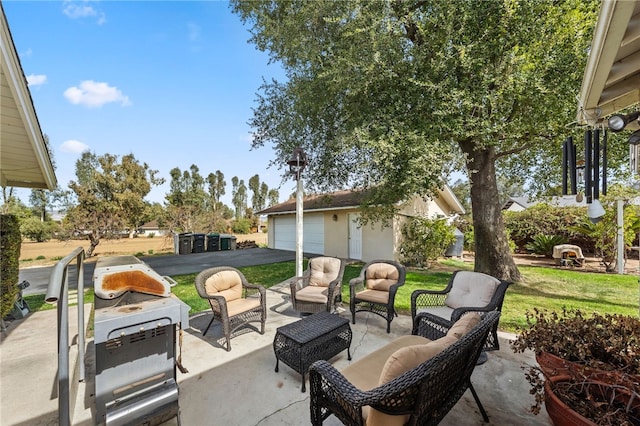 view of patio / terrace with an outbuilding, outdoor lounge area, and a grill