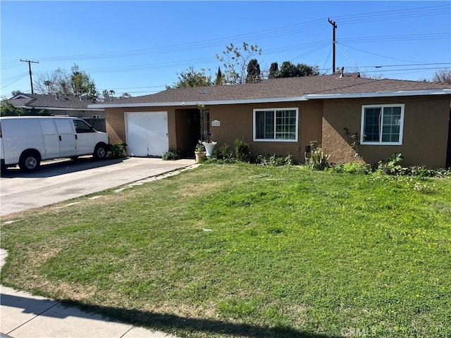 ranch-style house featuring a garage, concrete driveway, roof with shingles, stucco siding, and a front yard