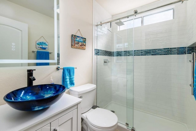 full bathroom featuring vanity, a shower stall, and toilet