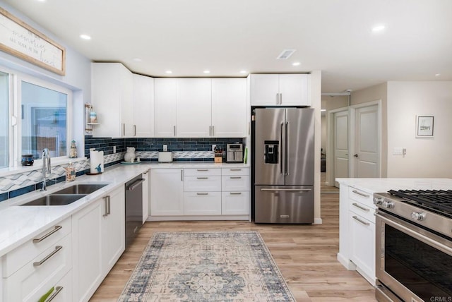 kitchen featuring decorative backsplash, appliances with stainless steel finishes, light wood-type flooring, white cabinetry, and a sink