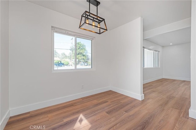 unfurnished room featuring light wood finished floors, a wealth of natural light, and baseboards