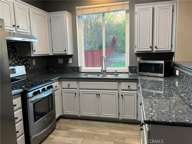 kitchen featuring under cabinet range hood, wood finish floors, a sink, white cabinetry, and appliances with stainless steel finishes