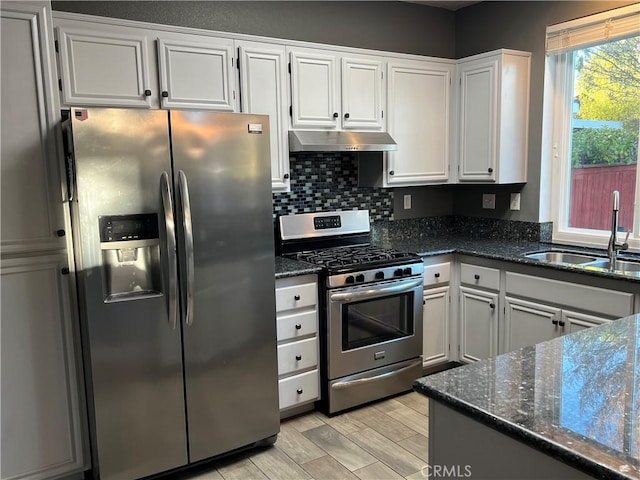 kitchen with tasteful backsplash, stainless steel appliances, under cabinet range hood, white cabinetry, and a sink