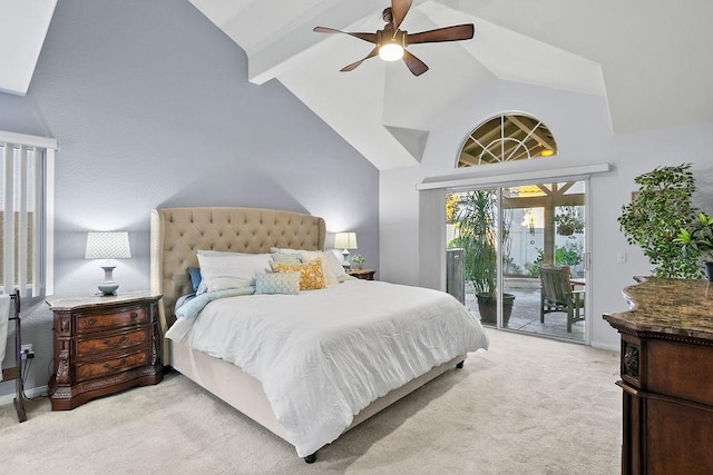bedroom featuring light colored carpet, high vaulted ceiling, beam ceiling, access to exterior, and a ceiling fan