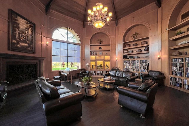living room featuring high vaulted ceiling, a fireplace, built in features, wooden ceiling, and a notable chandelier