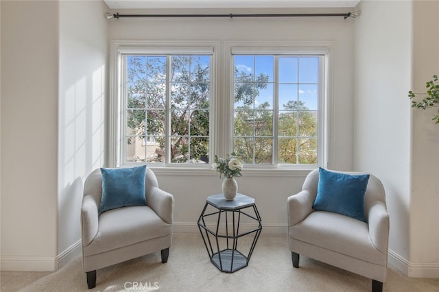 sitting room with carpet flooring and baseboards