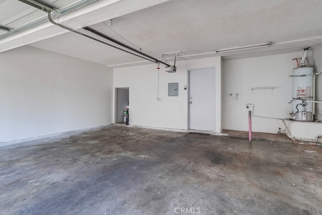 garage featuring secured water heater, electric panel, and a garage door opener