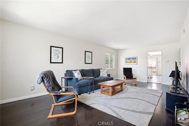 living area featuring baseboards and dark wood finished floors