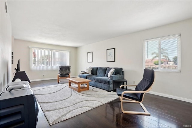 living area featuring a wealth of natural light, baseboards, and wood finished floors