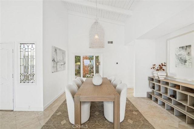 dining room with high vaulted ceiling, wood ceiling, visible vents, and beam ceiling