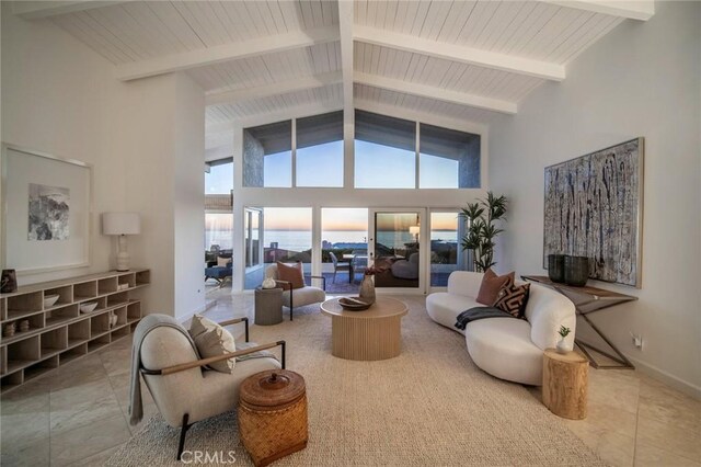 living area with wooden ceiling, baseboards, high vaulted ceiling, and beamed ceiling