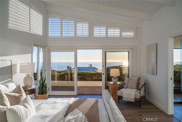 bedroom with high vaulted ceiling, a water view, wood finished floors, access to exterior, and beamed ceiling