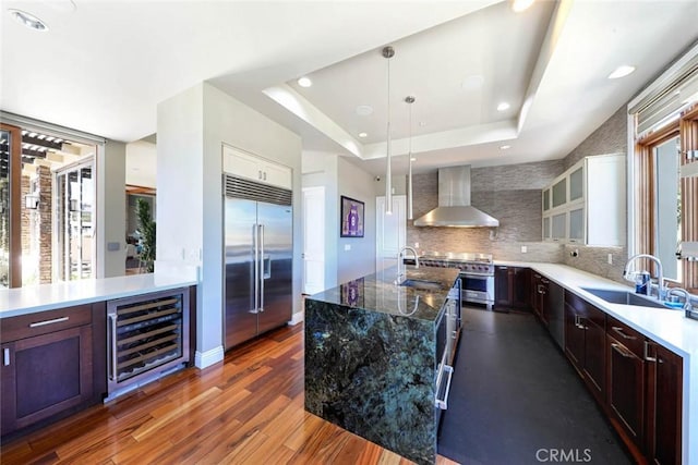 kitchen with a sink, a raised ceiling, premium appliances, and wall chimney range hood