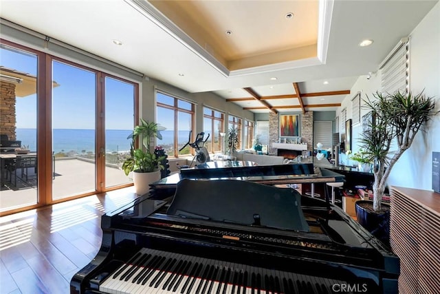 misc room featuring a tray ceiling, wood finished floors, a water view, and a fireplace