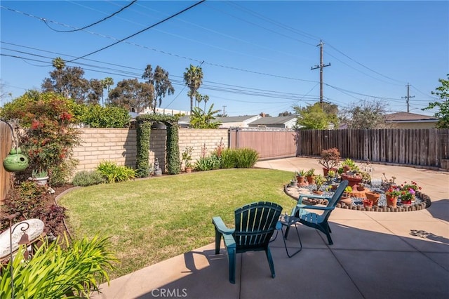 view of yard featuring a patio area and a fenced backyard