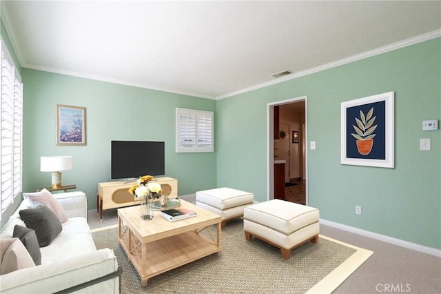 living area featuring visible vents, carpet floors, baseboards, and ornamental molding