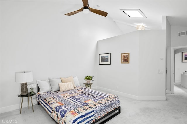 carpeted bedroom featuring visible vents, a ceiling fan, baseboards, and lofted ceiling