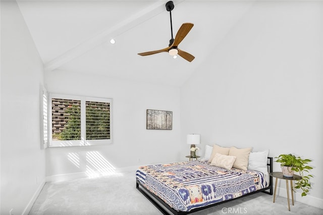 bedroom with high vaulted ceiling, baseboards, carpet, and a ceiling fan