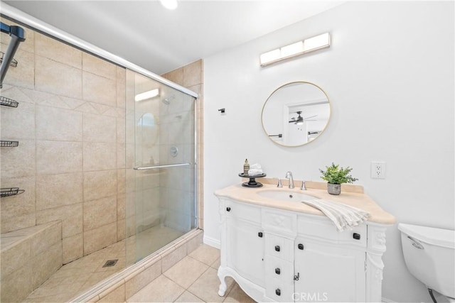 full bathroom with tile patterned floors, a shower stall, toilet, and vanity