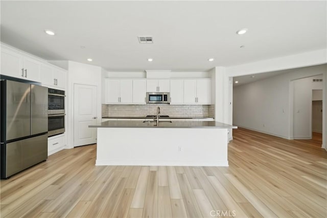 kitchen featuring stainless steel appliances, a kitchen island with sink, white cabinetry, and visible vents