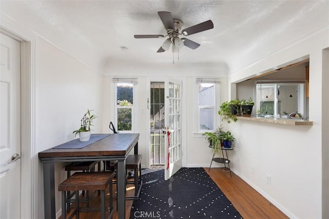 interior space featuring ceiling fan, dark wood-style flooring, and baseboards